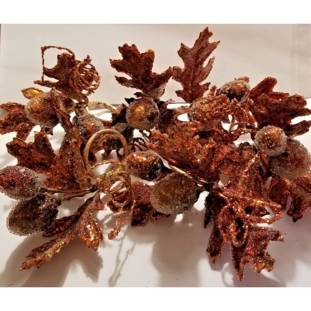 Fall Leaves & Acorn Napkin Ring Holders Set of 6 Sparkle Copper Color